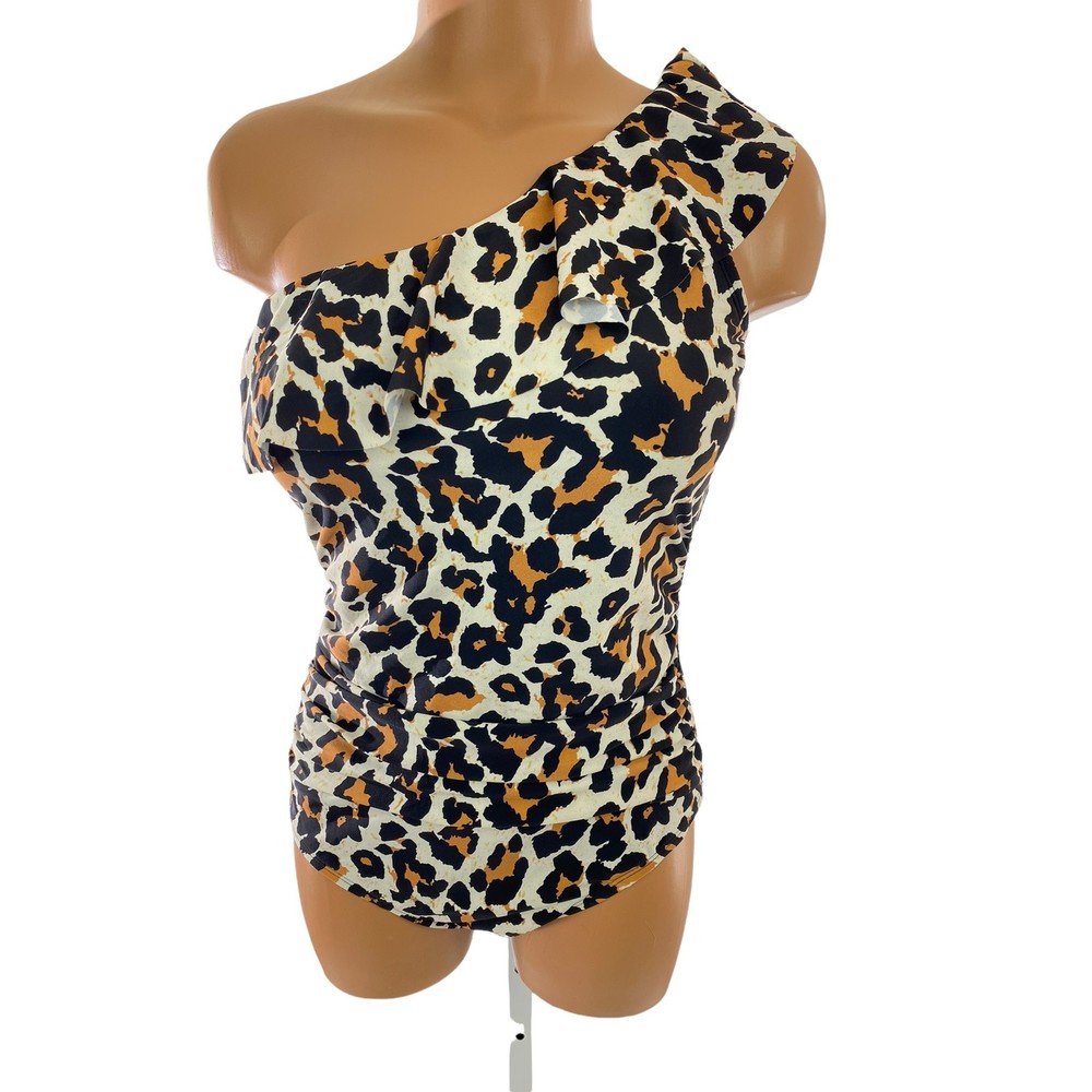 Hilor One Piece Swimsuit One Shoulder Ruffled Leopard Print Built in Bra